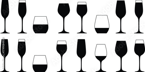 Collection of elegant champagne flutes and cocktail glasses in silhouette on white background