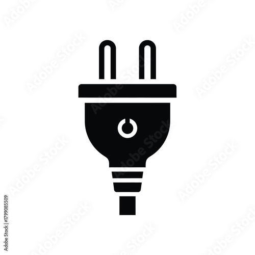 Black electrical power plug with two prongs and a circular symbol.