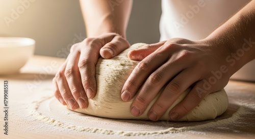 Close-up of hands kneading flour
