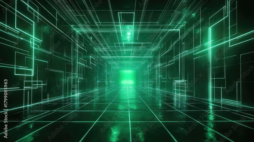 Obraz premium Green neon light lines tunnel network creating futuristic path