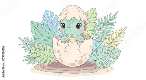 Adorable baby dinosaur hatching from egg surrounded by tropical leaves, perfect for children's books and vibrant jungle themed designs