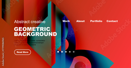Modern website mockup features vibrant geometric shapes, text overlays, navigation menu. Red dominates design, creating bold visual impact.
