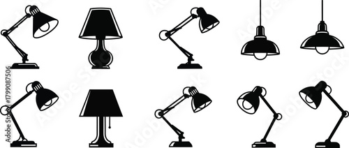 Collection of black silhouette desk lamps and pendant lights in a vintage sketch style