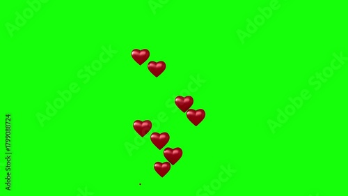 3d rendered animation of flying hearts on green screen