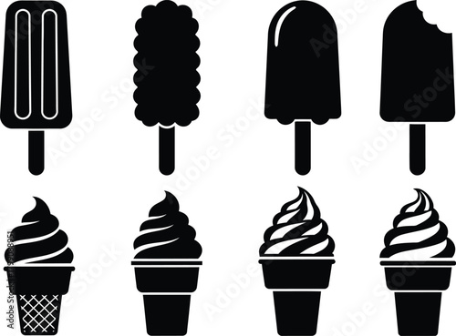 Collection of eight black silhouette ice cream treats on white background