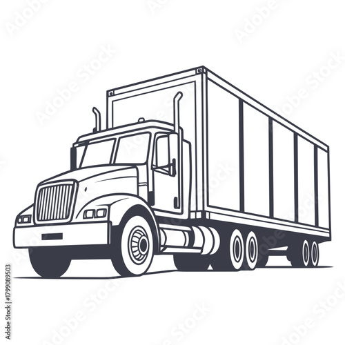 Classic american semi truck and trailer line art illustration isolated on white background for transportation and logistics concepts