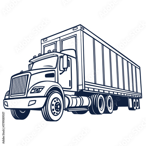 A detailed line art illustration of a large semi truck with a long trailer viewed from the front three quarter angle on a white background perfect for logistics and transportation themes
