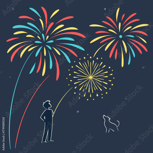 A person and a dog silhouetted against a dark night sky watching colorful fireworks explode in celebration of a special event or holiday