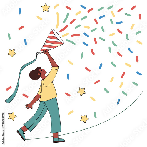 A person joyfully celebrates by releasing a party popper filled with colorful confetti and streamers surrounded by floating stars against a white background