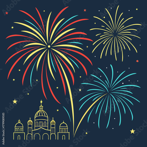 Colorful fireworks explode in the night sky above a stylized city skyline with domed buildings and small stars scattered throughout the dark blue background