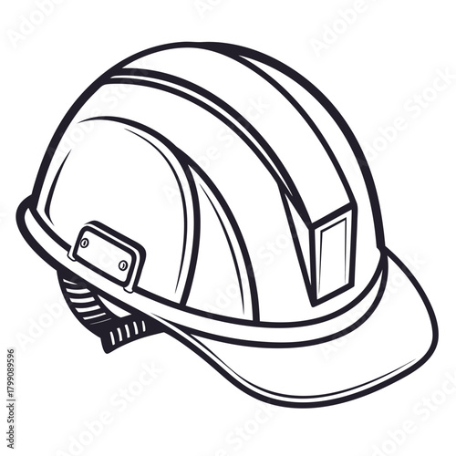 A simplified line art illustration of a black and white hard hat a piece of protective headwear used in construction and industrial settings for safety
