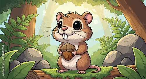 Adorable cartoon hamster clutching acorn in lush forest setting, perfect for children's books and educational materials, bringing joy and nature together