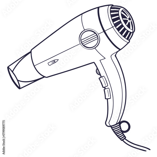 A simple line art illustration of a modern portable electric hairdryer with a cord and nozzle isolated on a white background for design and beauty concepts
