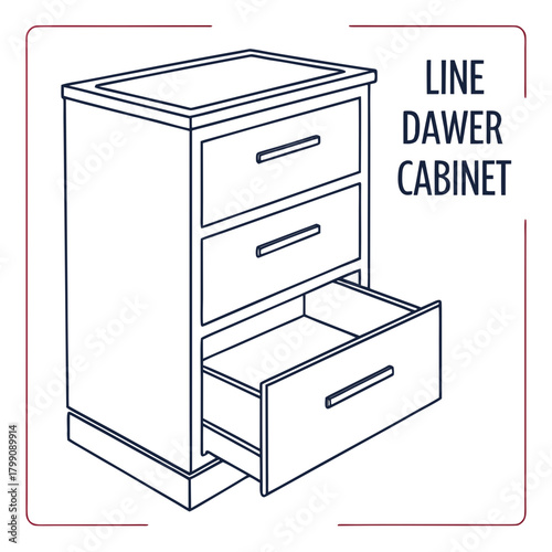 A clean line art illustration of a three drawer cabinet with one drawer pulled out suitable for furniture design and storage concepts