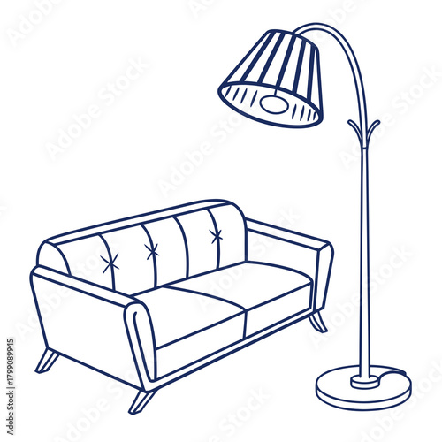 A simple line art illustration of a tufted sofa next to a tall arc floor lamp with a striped shade isolated on a white background representing cozy home decor and interior design