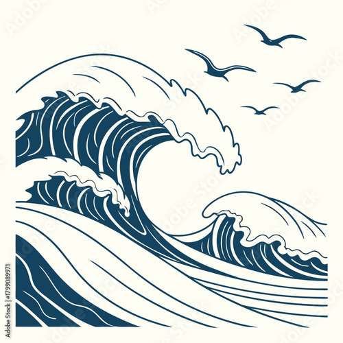 Stylized dark blue line art illustration of a large crashing ocean wave with white foam and four silhouetted birds flying in the sky above the water