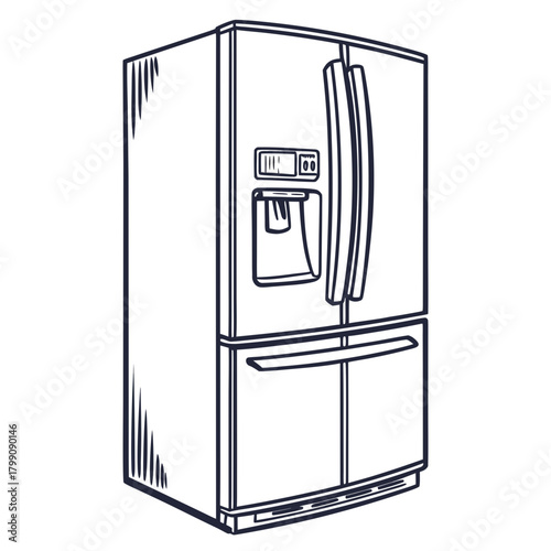 A hand drawn sketch of a modern stainless steel french door refrigerator with a water and ice dispenser on the door and a bottom freezer drawer for kitchen appliance illustrations