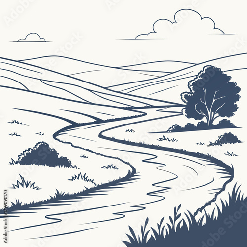 A serene stylized line art illustration of a winding country road curving through rolling hills and open fields under a cloudy sky with a solitary tree