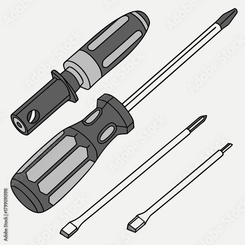 A collection of various screwdrivers with different tips and handles presented in a clean illustrative style against a plain background