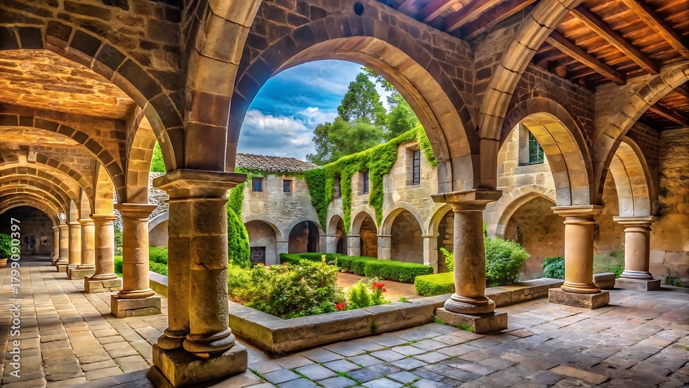 Fototapeta premium Ancient stone cloister courtyard with lush greenery and arches