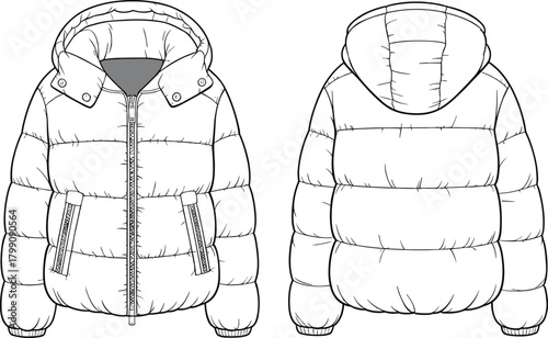 Technical vector illustration of hooded puffer jacket with zipper pockets, quilted padding details, front and back views for apparel design templates