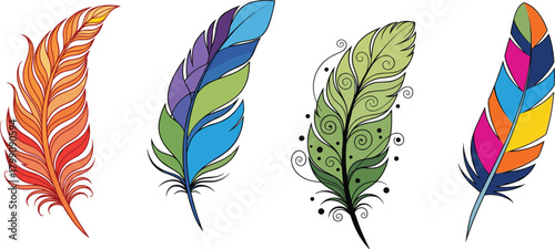 Colorful decorative feather collection with abstract patterns, vibrant designs, and artistic style isolated on white background for creative projects