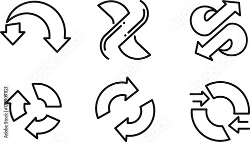 Collection of hand drawn arrow symbols and icons representing direction movement and cycles in a simple line art style