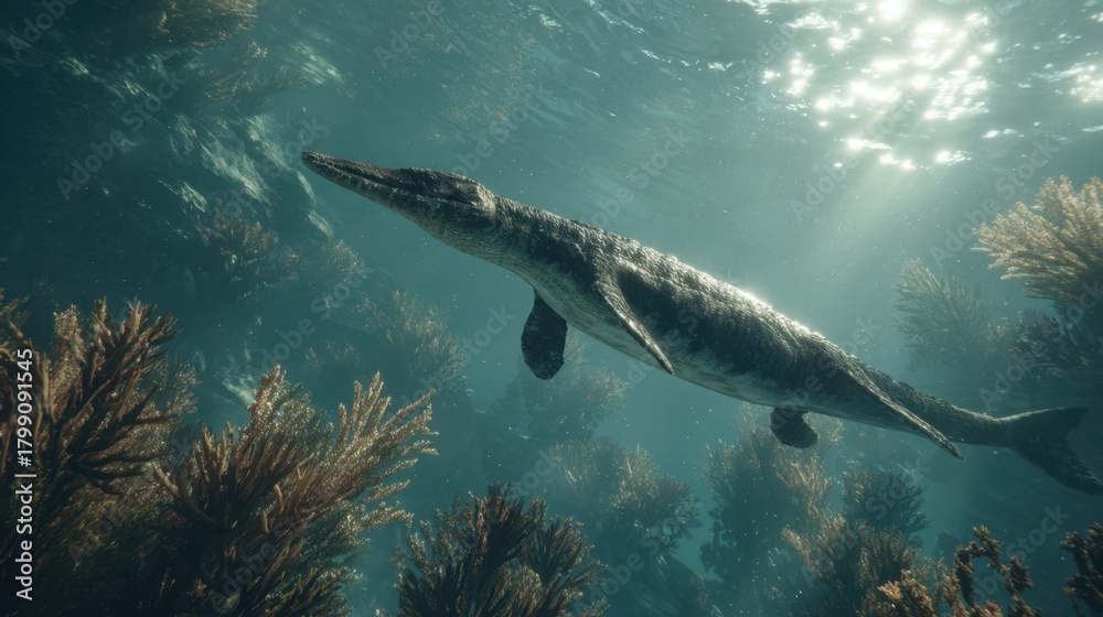 Fototapeta premium Underwater Scene of a Giant Marine Reptile Swimming Near Coral Reef During Daylight