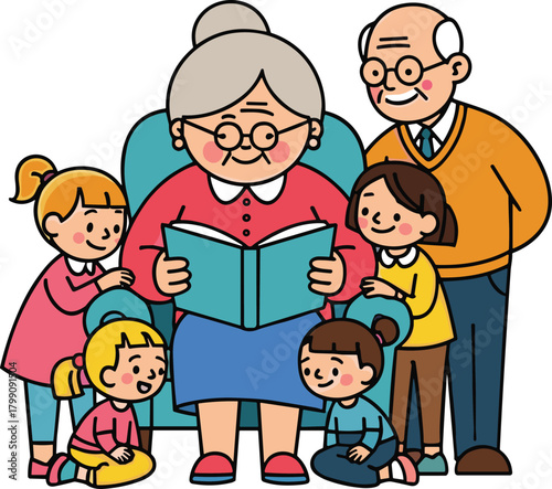 Grandparents reading storybook to happy children in warm family scene, cute cartoon illustration showing learning, bonding, love, and togetherness