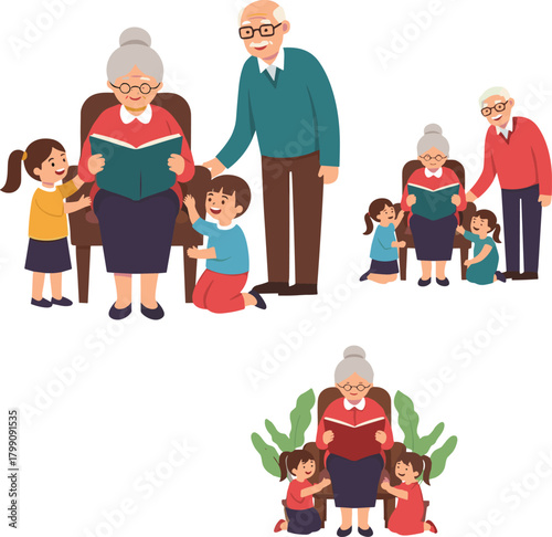Grandparents reading storybook to happy children in cozy family scene, warm illustration showing bonding, education, love, and togetherness