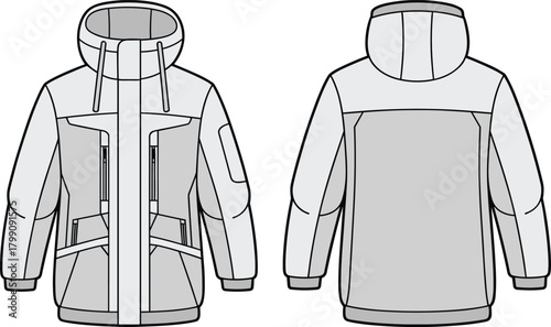 Technical winter jacket vector illustration with detailed front and back views, outdoor apparel design template, functional pockets, hood, and seam lines