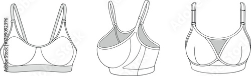 Vector illustration of women’s sports bras showing multiple design views with straps, seams, supportive structure, and detailed activewear apparel template elements