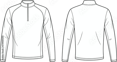 Vector technical illustration of long sleeve quarter-zip pullover showing front and back views for activewear apparel design templates and fashion drafting
