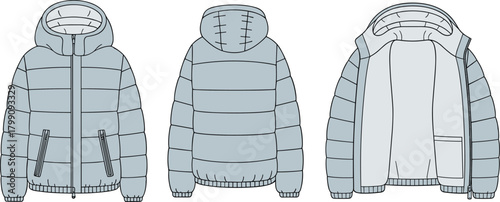 Vector technical illustration of padded hooded puffer jacket showing front, back, and open views for professional apparel design and fashion templates
