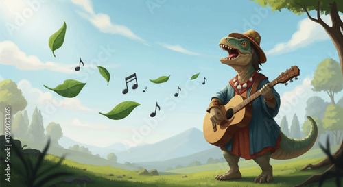 Dinosaur serenading the valley with guitar music and floating leaves, a whimsical nature scene perfect for children's stories and imaginative designs