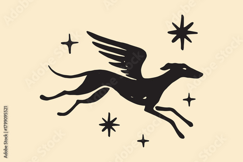 Winged greyhound with stars bold black silhouette vector illustration
