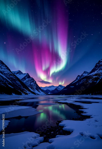 Northern Lights over Frozen Mountain Lake