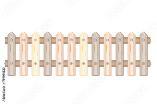 Wooden fence on white background. Brown wooden picket fence with featuring natural wood texture and vertical planks connected by two horizontal rails.Garden, house or rural setting.Vector illustration