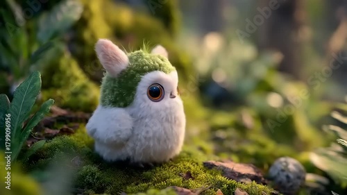 Animated furry creature on mossy ground with sunlight and shallow depth of field