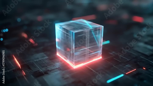 Abstract translucent cube with neon light on a dark technology background