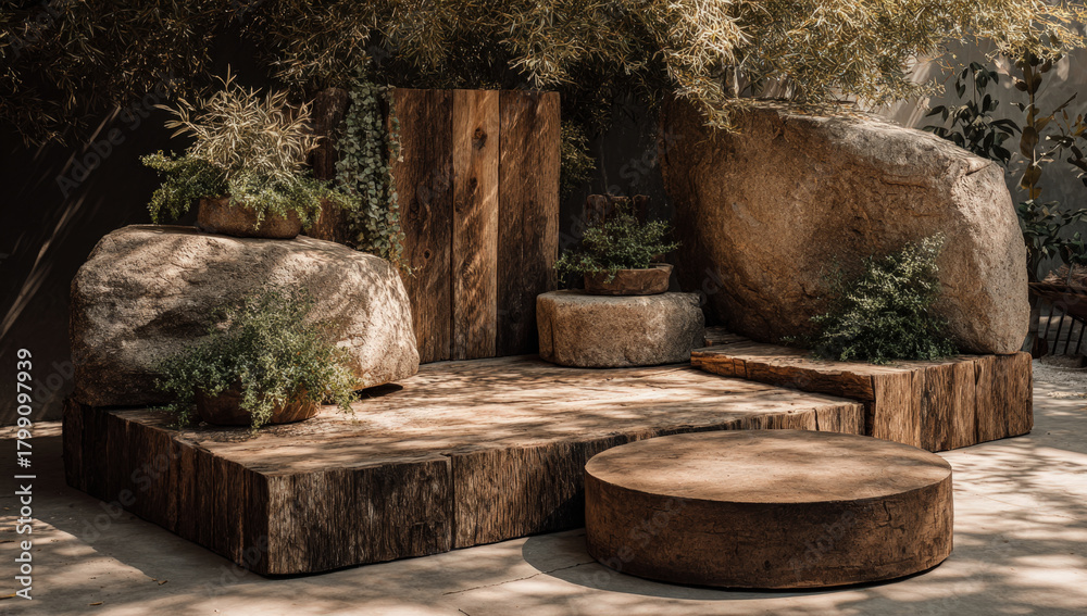 Fototapeta premium Wooden podium and round platform with rocks and plants in sunlit outdoor setting