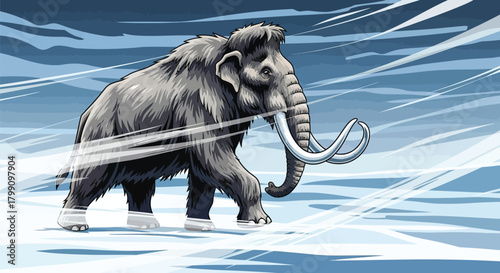 Powerful mammoth walking through a snowy landscape, a testament to resilience and adaptation in the icy wilderness, perfect for educational materials