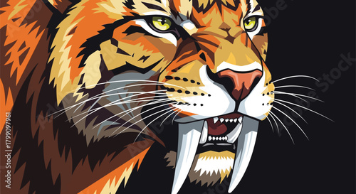 Roaring sabertooth tiger graphic art with sharp teeth and captivating gaze, a bold and vibrant wildlife design, perfect for nature enthusiasts
