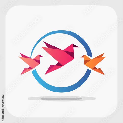 Abstract birds origami flight inside circular frame design, creative graphic concept