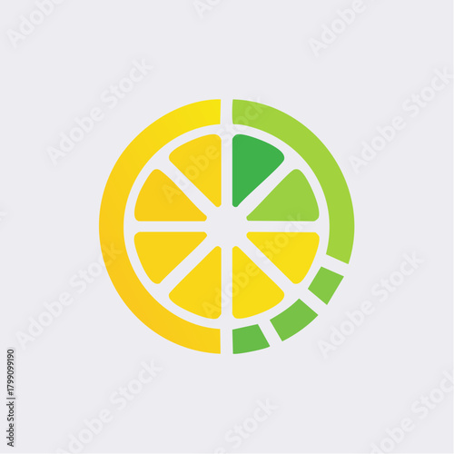 Abstract citrus fruit graphic logo with segmented color variations around the rim