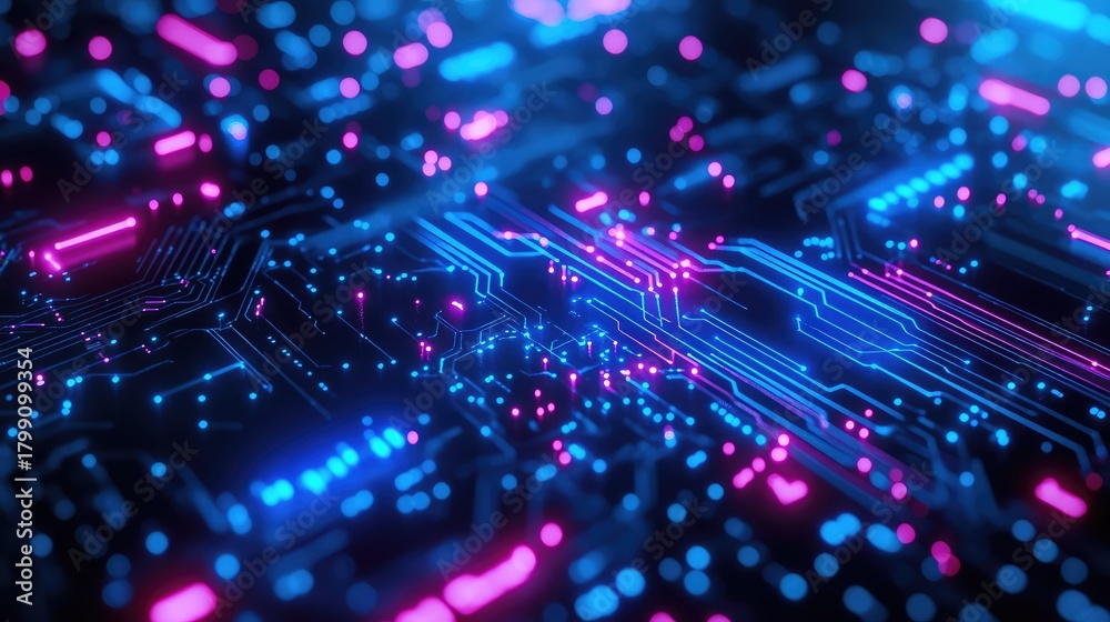 Fototapeta premium Digital circuit board glowing with blue and pink neon lights
