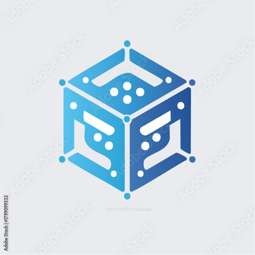 Abstract cube design featuring stylized geometric shapes and a vibrant blue gradient