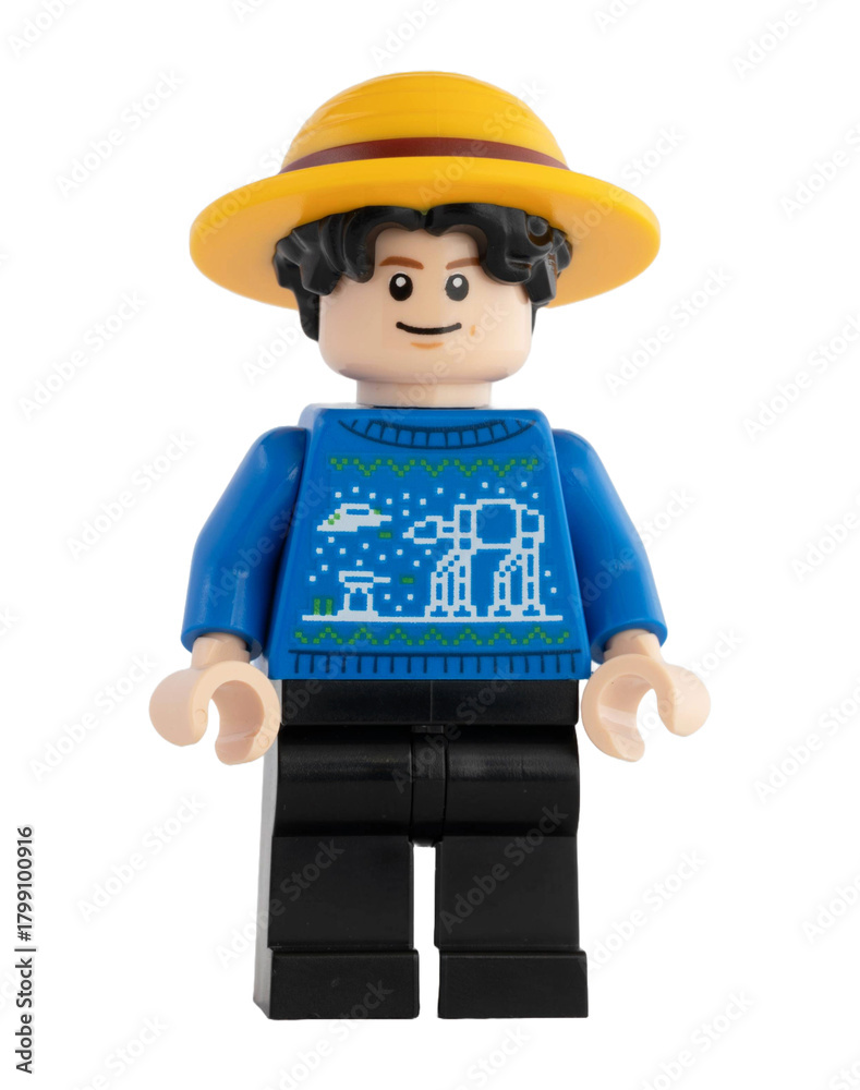 Naklejka premium Dortmund - Deutschland 4. November 2025 - Lego Figur Ruffy mit blauem Pullover der Serie One Piece - Studio Aufnahme