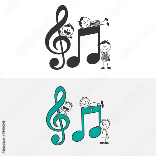 a cartoon music note with children and a music note