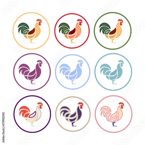 Abstract Rooster Icon Grid  Multicolor Circular Variants for Branding & Decor.ai